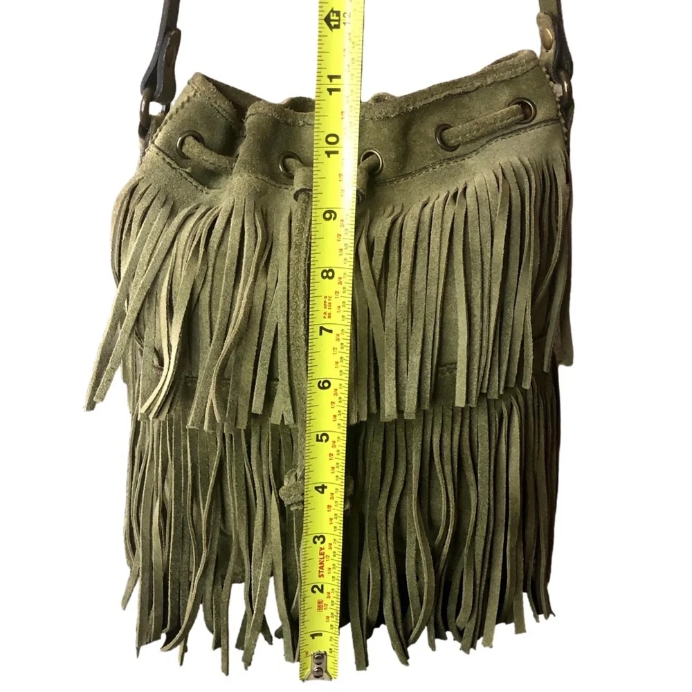 PATRICIA NASH Olive Green Fringe Suede Crossbody Bucket Bag